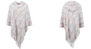 Detail of hooded knit poncho showing colorful space-dye pattern and long fringe hem