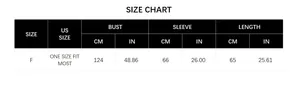 Detailed size chart for women's striped knit poncho with measurements in cm and inches