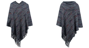 Detail of knit striped poncho with fringe tassels and multicolor marl yarn texture