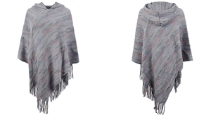 Close-up of grey knit hooded poncho featuring colorful stripes and long fringe tassels