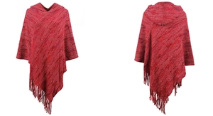 Front and back detail of a space-dyed hooded knit poncho with long tassel fringe