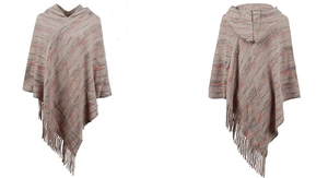 Detail of space-dye knit hooded poncho featuring colorful stripes and long fringe hem