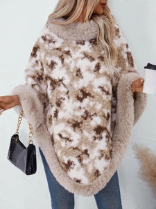 Women's leopard knit poncho with faux fur collar and trim, loose retro sweater shawl