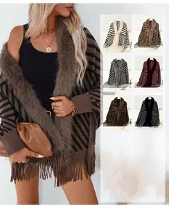 Detail view of striped knit shawl with faux fur collar and tassels in six various colors