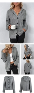 Graue Kapuzenstrickjacke in Mehrfachansicht mit Details zu Textur, Knöpfen und Passform