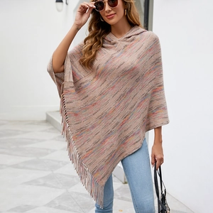 Women's Hooded Striped Tassel Poncho Knit Polyester Shawl Wrap Irregular Hem Colorful Stripe Warm Casual Autumn Winter Cape