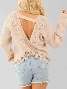 Elegant apricot backless knit sweater with floral lace trim and long sleeves for women