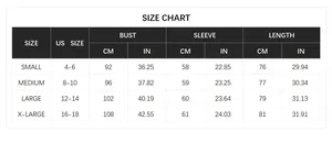 Detailed size chart for women's knit cardigan showing measurements in inches and cm