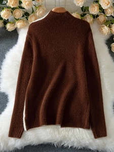 Women's turtleneck knit sweater in dark coffee brown with fuzzy mohair texture