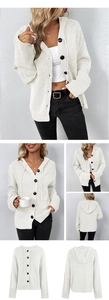 Detailsicht der weißen Kapuzenstrickjacke mit grober Textur und schwarzen Knöpfen
