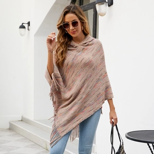 Chic hooded striped knit poncho shawl with fringe tassels for casual autumn style