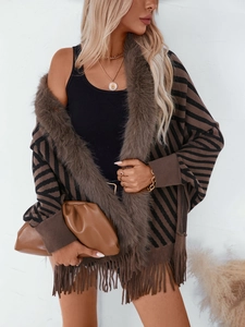 Women's Striped Knit Poncho With Faux Fur Collar And Tassel Hem Loose Batwing Sleeve Autumn Winter Cape Commuter Top
