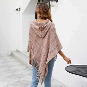 Women's hooded knit poncho with multi-color stripes and fringe hem, back view style