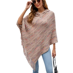 Women's hooded striped knit poncho with colorful tassels and asymmetric bohemian design