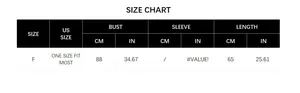 Detailed size chart for knit shawl featuring bust 88cm and length 65cm in one size