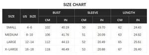 Size chart for women contrast sweater with US sizes and bust length measurements in CM and IN