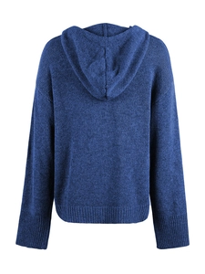 Rückansicht des dunkelblauen Strick-Cardigans mit Kapuze, Rippbündchen und lockerem Schnitt
