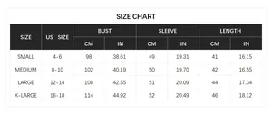 Detailed size chart for women knit top with US sizing, bust, sleeve and length measurements