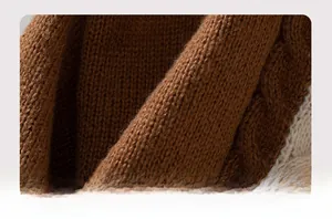 Close-up of cable knit texture in contrast dark brown and cream white wool blend