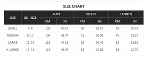 Detailed size chart for women's knit cardigan showing US sizes in inches and centimeters