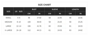 Detailed size chart for elegant knit sweater with US sizes and body measurements