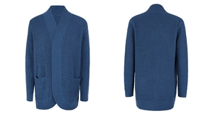 Front and back view of long-sleeved dark blue knit cardigan with ribbed cuffs and two pockets