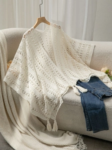 Detail of white knit crochet poncho featuring hollow lace patterns and long fringe tassels