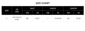 Size chart for bohemian knit tassel poncho showing bust and length in CM and IN