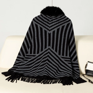 Detail of the knit texture with striped geometric patterns and soft black faux fur collar