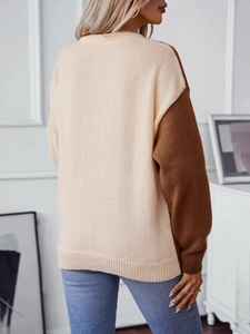Women's crewneck color block cable knit sweater in beige and dark brown casual style