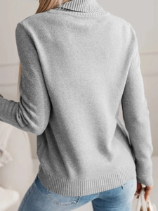 Elegant medium grey turtleneck knit sweater for women featuring subtle silver shimmer finish