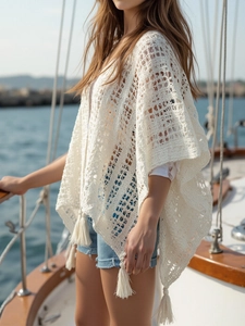 Women Hollow Out Crochet Poncho Tassel Beach Cover Up Polyester Knit Shawl V-Neck Batwing Sleeve Bohemian Style Top