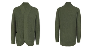 Detail view of army green knit cardigan featuring shawl collar and curved front pockets