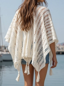 White crochet knit poncho with fringe tassel hem for women beach cover up