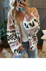 Detail of loose knit cardigan featuring ethnic geometric jacquard and thick texture