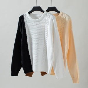 Detail of round neck cable knit texture and waffle weave pattern on casual sweaters