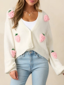 Gilet en Tricot Élégant pour Femmes avec Fraise 3D Col en V Manches Longues Simple Boutonnage Haut en Tricot Angora Blanc Cassé