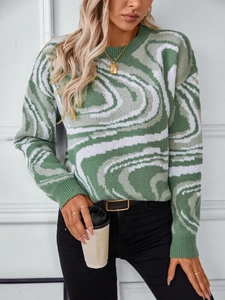 Detail of Y2K long sleeve knit sweater with green abstract marble pattern and ribbed edges