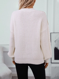 Damen Oversize-Strickpullover in Creme mit Zopfmuster und Rundhalsausschnitt