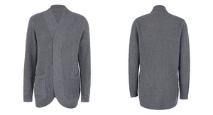 Front and back views of grey waffle knit cardigan with dual pockets and open front