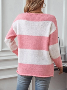 Maglione da donna in maglia a righe rosa e bianche con scollo a V e vestibilità morbida