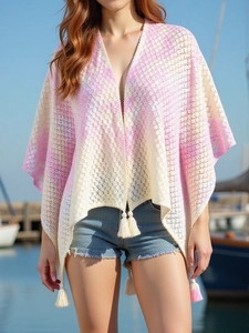 Women Bohemian Knit Tassel Shawl Poncho Gradient Hollow Out Crochet Sun Protection Beach Cover Up Rabbit Hair Capes