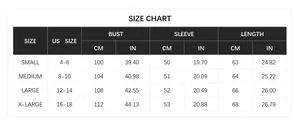 Size chart for knit cardigan featuring measurements for bust, sleeve, and length in cm and inches