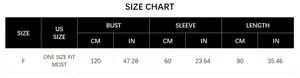Detailed size chart for striped hooded knit poncho showing bust, sleeve, and length metrics