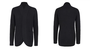 Detailed front and back view of a black knit cardigan with shawl collar and pockets