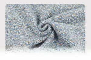 Detailed close-up of the blue and white mixed knit fabric texture of the cardigan