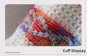 Close-up detail of multi-color knitted cuff showing thick texture and striped pattern
