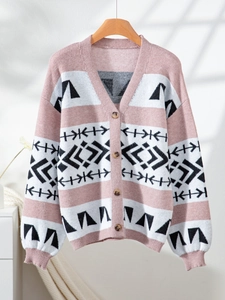 Women's V-neck knit cardigan with pink and white stripes and ethnic geometric patterns