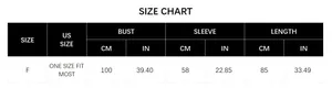 Detailed size chart for plaid knit shawl showing bust, sleeve and length in cm and inches
