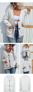 Detail of V-neck knit cardigan featuring blue contrast trim and brown buttons with pockets